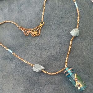 Handcrafted Gold-Tone Beaded Necklace with Turquoise Glass Pendant